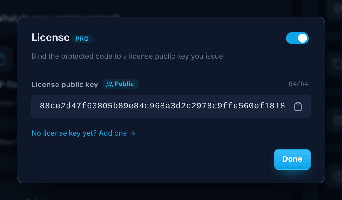 The License window in the Encoder, with a license public key