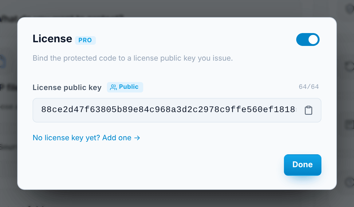 The License window in the Encoder, with a license public key