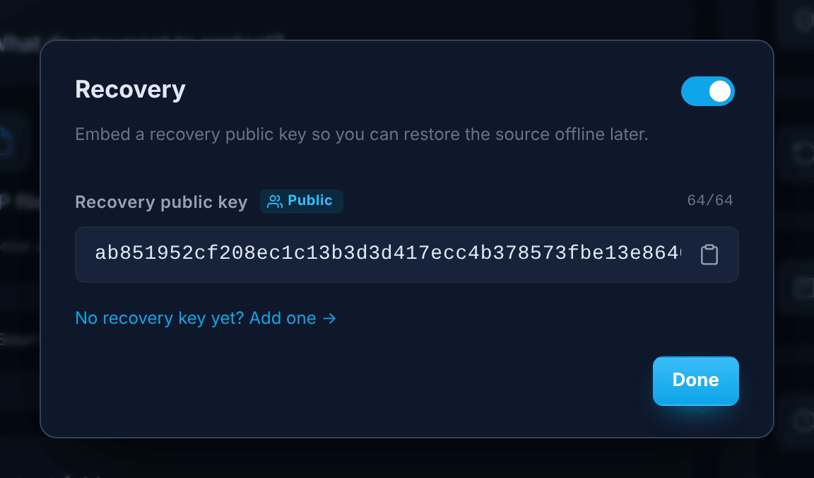 The Recovery window in the Encoder, with a recovery public key