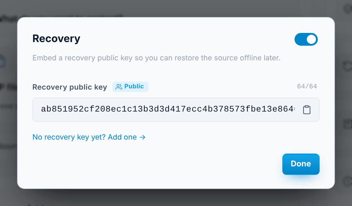The Recovery window in the Encoder, with a recovery public key
