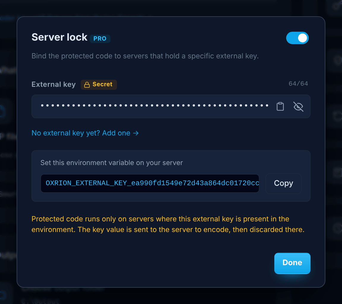 The Server lock window in the Encoder, with the environment variable to set on the server