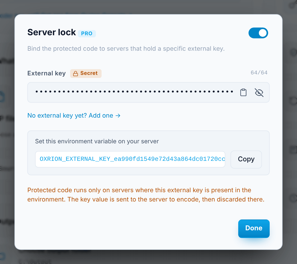 The Server lock window in the Encoder, with the environment variable to set on the server