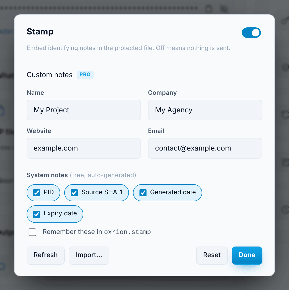 The Stamp window in the Encoder, with custom and system notes